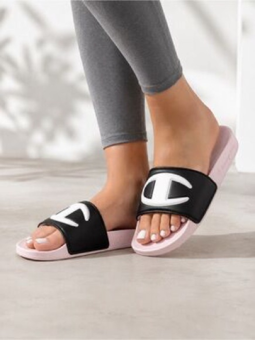 Champion Black Strap Slide Sandals with Pink Footbed